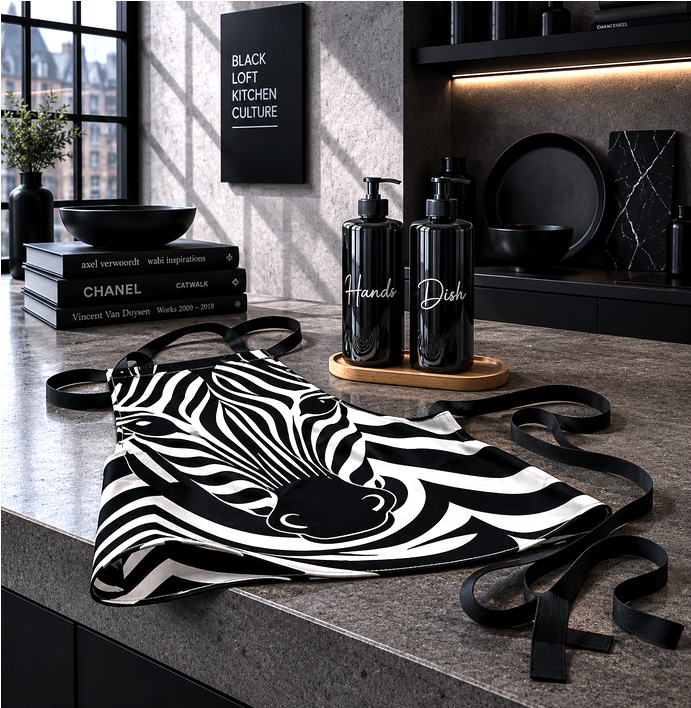 Zebra Küchenschürze aus Leinen-Mischgewebe im Schwarz-Weiß-Design für stilvolle KITCHEN Affairs.