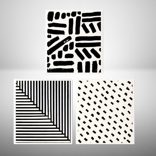 3er Set cleanART Schwammtücher mit grafischem Schwarz-Weiß-Design aus biologisch abbaubaren Holz-Zellstofffasern.