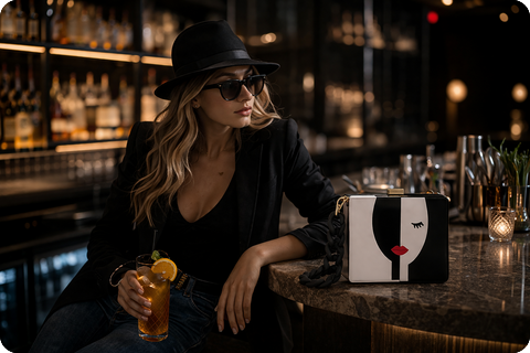 NIGHT REBEL Acryl Clutch aus der OFF LIMITS Kollektion mit grafischem Schwarz-Weiß-Gesicht und roten Lippen in einer Bar-Inszenierung