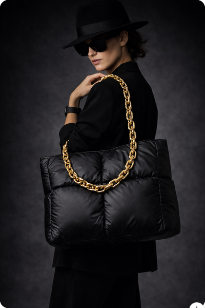 AVENUE PUFFER XXL Shopper in Neon Schwarz mit voluminösem KnitterLOOK und goldener Chain, getragen zum schwarzen Street-Style-Look