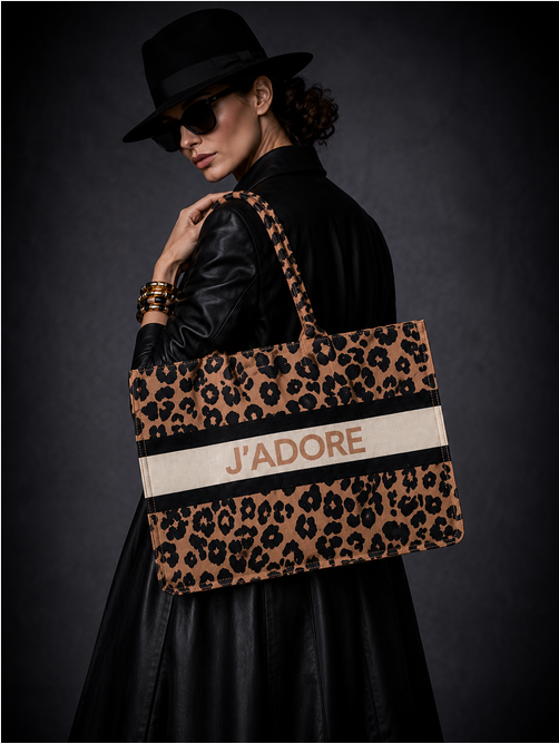 LEO AVENUE Shopper in Dark Sand aus der STREET STYLE Kollektion mit schwarzem Leo-Muster und heller grafischer Mittelpartie, getragen zum schwarzen Fashion-Look