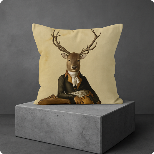 KISS Aristo Hirsch Design Dekokissen 45 × 45 cm mit aristokratischem Hirschmotiv in Schwarz, Gold und Creme auf grauem Podest