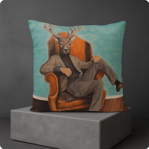 KISS Dandy Hirsch Design Dekokissen 45 × 45 cm mit Hirsch im grauen Anzug und cognacfarbenen Sessel auf grauem Podest