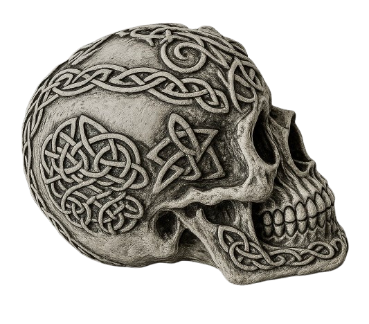 Seitliche Produktansicht des Totenkopfs mit keltischem Knotenmuster