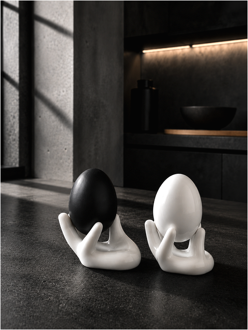 Keramik Eierhalter im HAND Object Design für schwarze und weiße Eier als modernes KITCHEN Object.