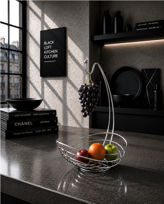 Design Obstkorb aus Metall mit integrierter Hängevorrichtung für stilvolle KITCHEN Affairs.