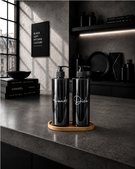 KITCHEN Objects Seifen- und Spülmittelspender Duo black mit Tablett für moderne KITCHEN Affairs.