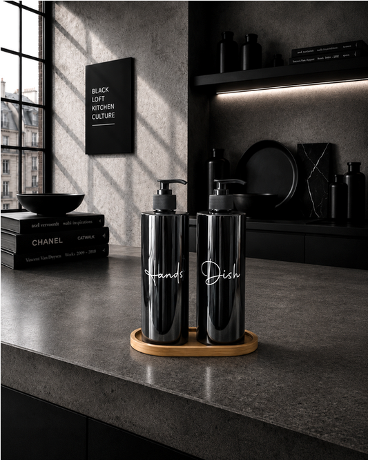 KITCHEN Objects Seifen- und Spülmittelspender Duo black mit Tablett für moderne KITCHEN Affairs.