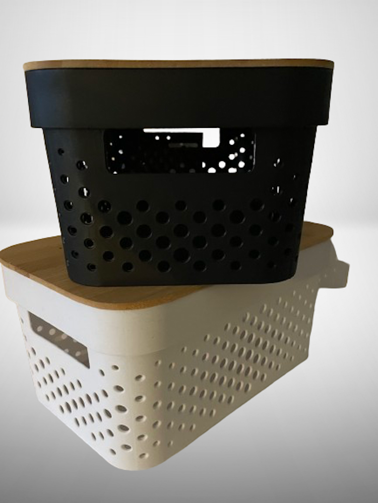 KITCHEN Objects Storage Boxen in Schwarz und Weiß mit perforierter Struktur und FSC® Bambusdeckeln