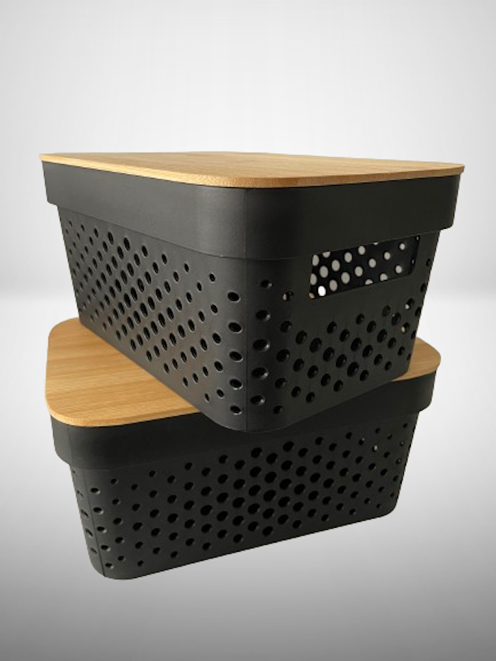 Stapelbare schwarze KITCHEN Objects Storage Boxen mit perforiertem Design und FSC® Bambusdeckeln