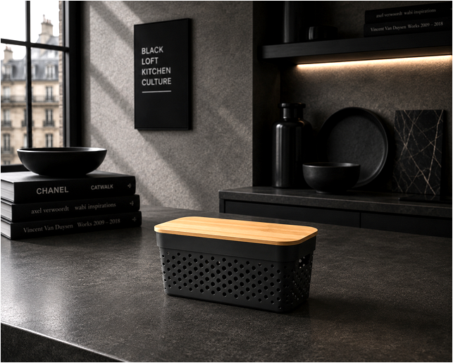 KITCHEN Objects Storage Box in Schwarz mit perforiertem Design und FSC® Bambusdeckel für moderne KITCHEN Affairs.
