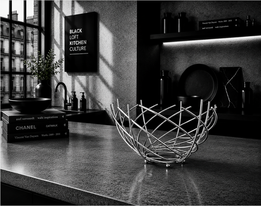 Skulpturaler Design Obstkorb aus verchromtem Metall als elegantes KITCHEN Object für moderne KITCHEN Affairs.