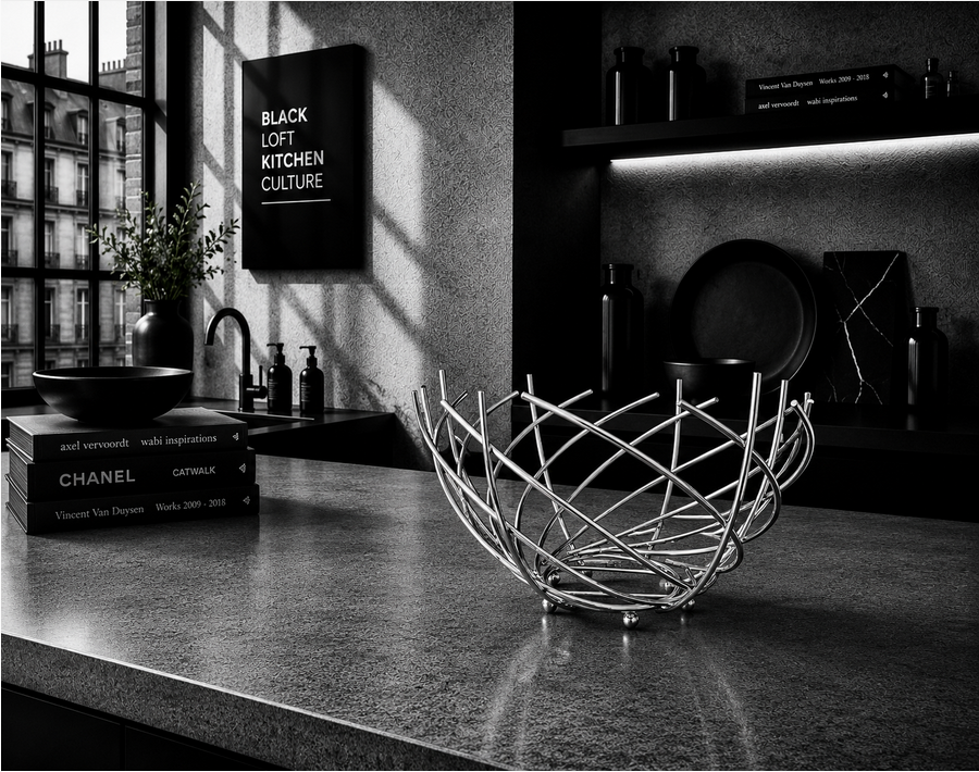 Verchromter Metall Obstkorb mit organischer Drahtstruktur für stilvolle BLACK LOFT Kitchen Culture.