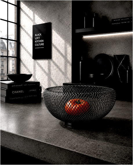 Schwarzer Flechtkorb aus Metall im offenen Mesh-Design als modernes KITCHEN Object für stilvolle KITCHEN Affairs.