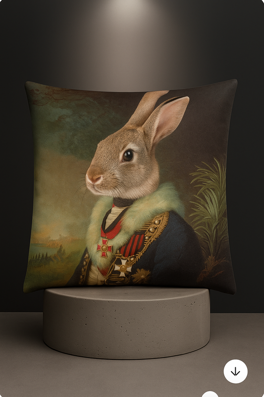 MARSCHALL RABBIT Animal-Art Dekokissen mit Hasenportrait in historischer Uniform, Pelzkragen und Orden