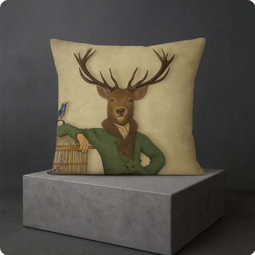 KISS Mr. Green Hirsch Design Dekokissen 45 × 45 cm mit Hirschmotiv in grüner Jacke und Vogelkäfig auf grauem Podest