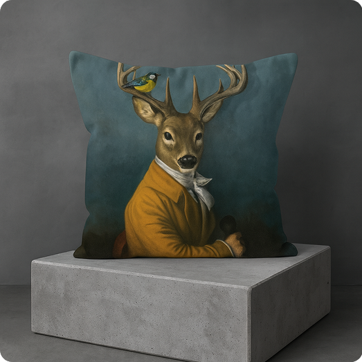 KISS Mr. Hirsch Design Dekokissen 45 × 45 cm mit Hirschmotiv in Petrol und Gold auf grauem Podest