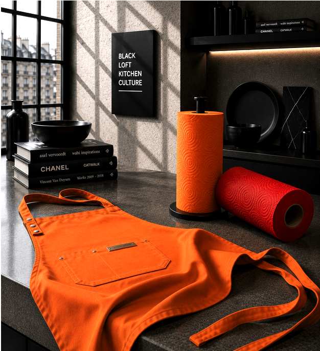 Orange POP-UP Kitchen Culture Küchenschürze mit verstellbarem Nackenriemen und großer Fronttasche.