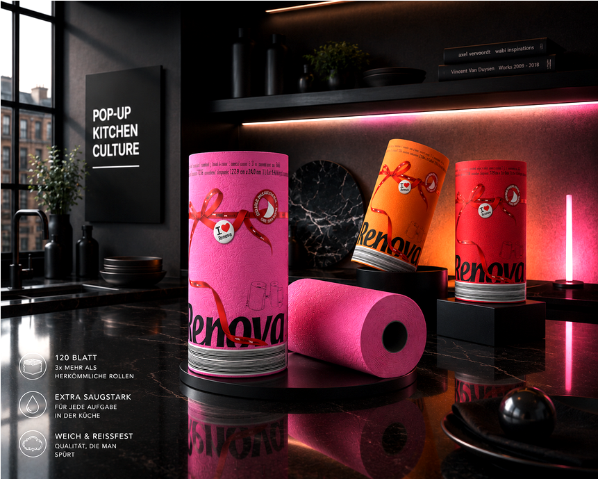 XL RENOVA Küchenrollen Colour Edition in Pink, Orange und Rot als Statement Objects der POP-UP Kitchen Culture.