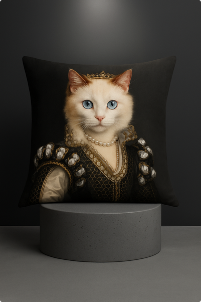PRINCESS CAT Animal-Art-Dekokissen mit weißer Katze, blauen Augen und aristokratischem Gewand auf dunklem Hintergrund