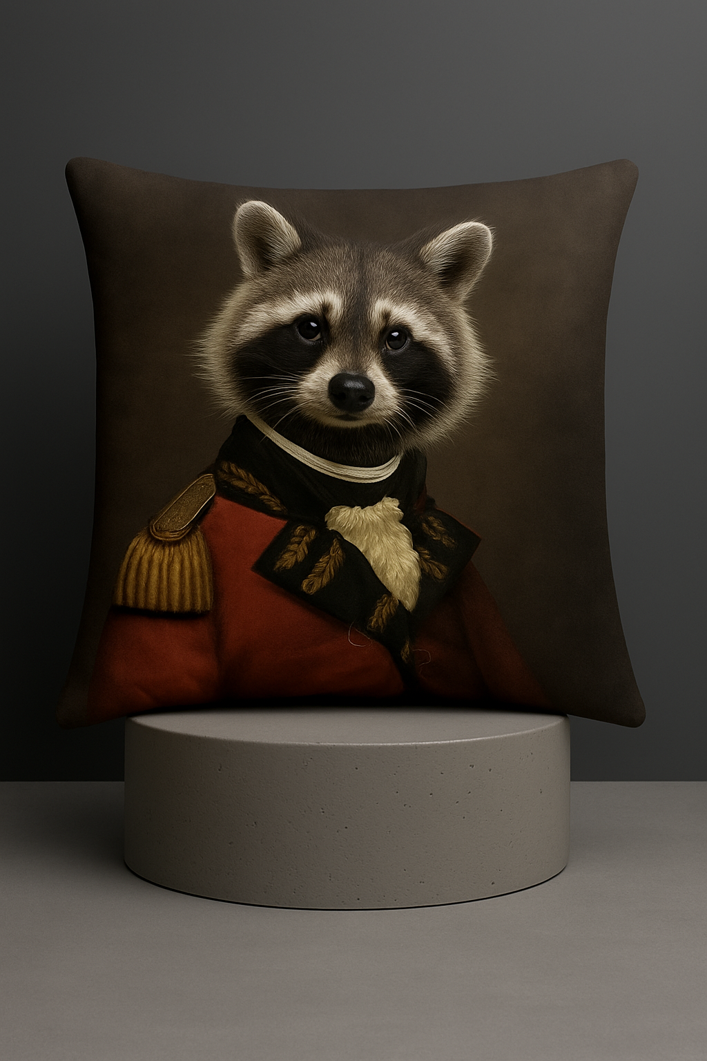 RED RACOON Animal-Art Dekokissen mit Waschbärportrait in roter Uniformjacke auf dunklem Hintergrund