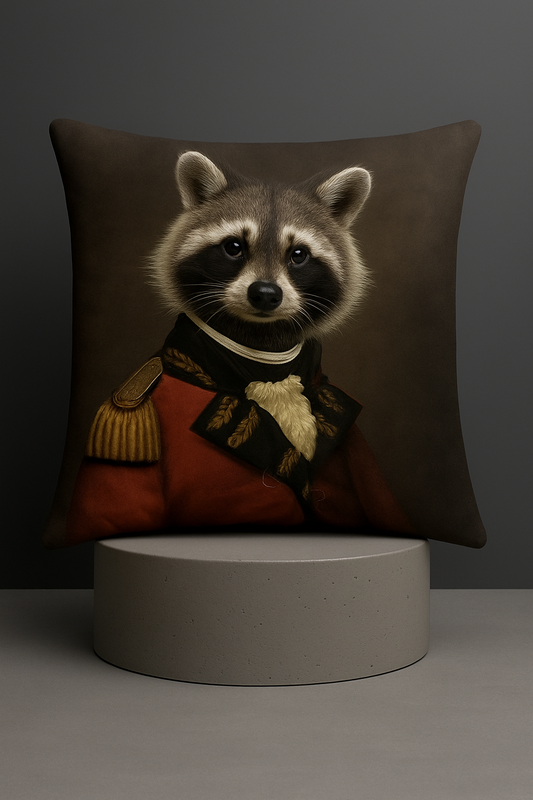 RED RACOON Animal-Art Dekokissen mit Waschbärportrait in roter Uniformjacke auf dunklem Hintergrund