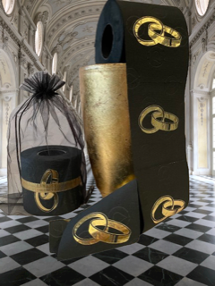 RING ONE Design WC-Papier Schwarz mit goldveredeltem Ringmotiv in Designer-Dose und Organza-Beutel