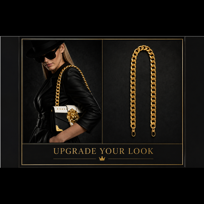 ROYAL REBEL Black & White Lion Bag mit Gold-Lion-Detail und separat gezeigter goldener Schulterkette als Styling-Option