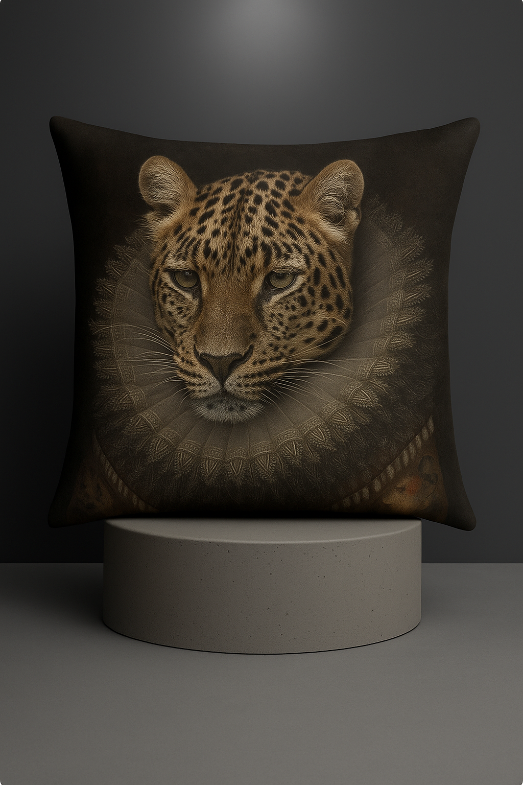 ROYAL LEO Animal-Art Dekokissen mit majestätischer Raubkatze und historischem Kragen auf dunklem Hintergrund