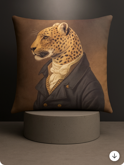 SEINE EXZELLENZ LEO Animal-Art Dekokissen mit Leopardenportrait in historischer Garderobe auf warm-dunklem Hintergrund