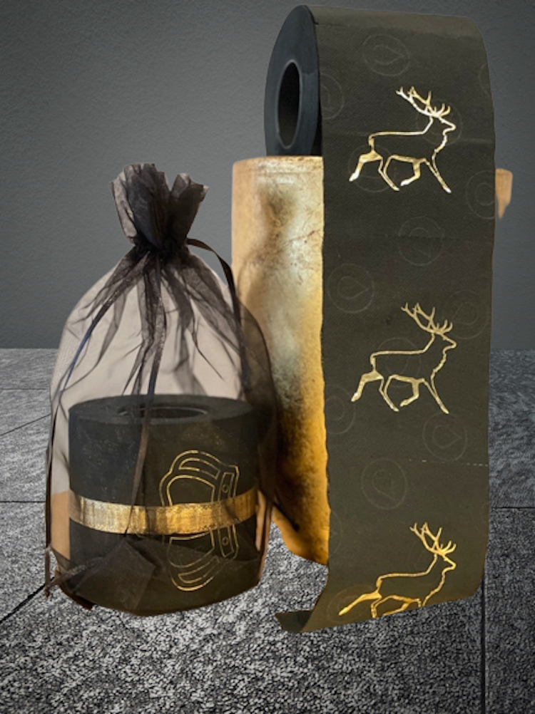 SIGNATURE ONE goldveredeltes Design Toilettenpapier mit Hirschmotiv in Gold auf schwarzem Papier