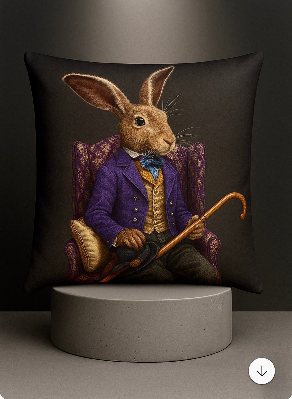 SIR RABBIT Animal-Art Dekokissen mit Hasenportrait in violettem Jackett, Fliege und Spazierstock auf dunklem Hintergrund