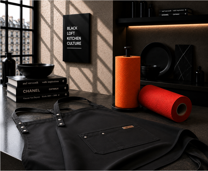 Schwarz und Orange POP-UP Kitchen Culture Küchenschuerze verstellbarem Nackenriemen und Fronttasch,jpg