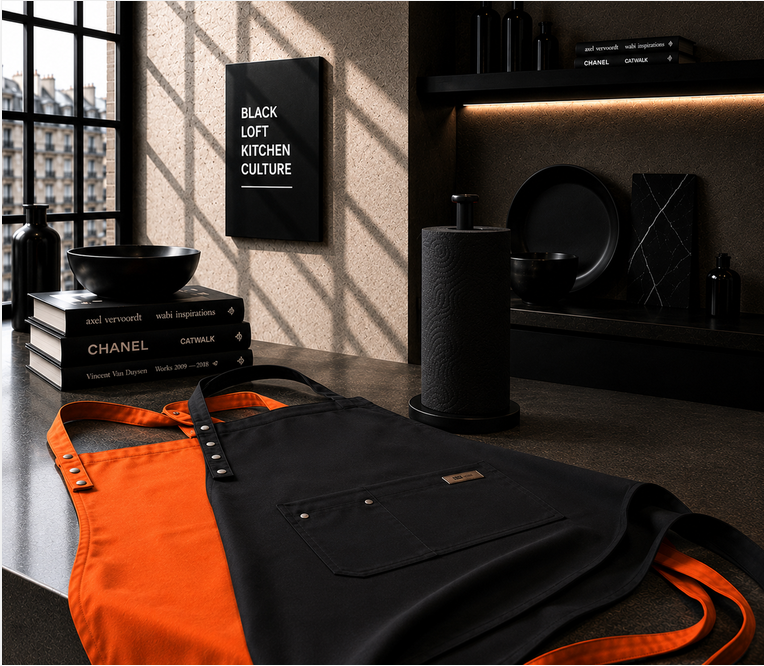 Schwarz und Orange POP-UP Kitchen Culture Küchenschürze verstellbarem Nackenriemen und Fronttasch,jpg