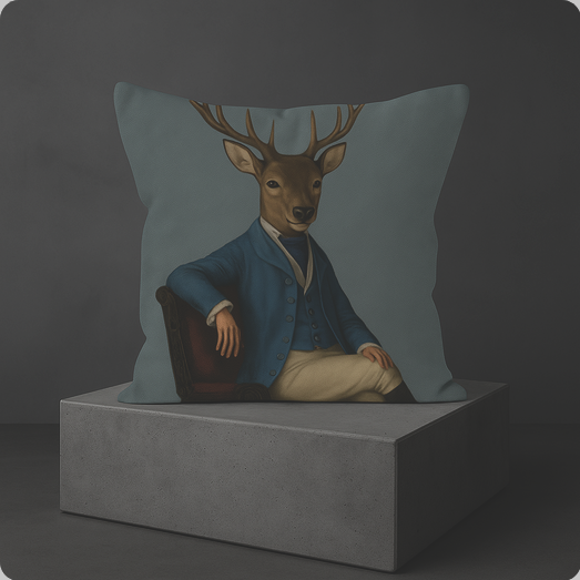 KISS Snobby Hirsch Design Dekokissen 45 × 45 cm mit elegant sitzendem Hirsch in blauer Jacke auf grauem Podest