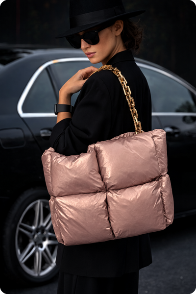 Street Style Shopper "KnitterLOOK" – Rosé | Statement Puffer Bag mit Chain