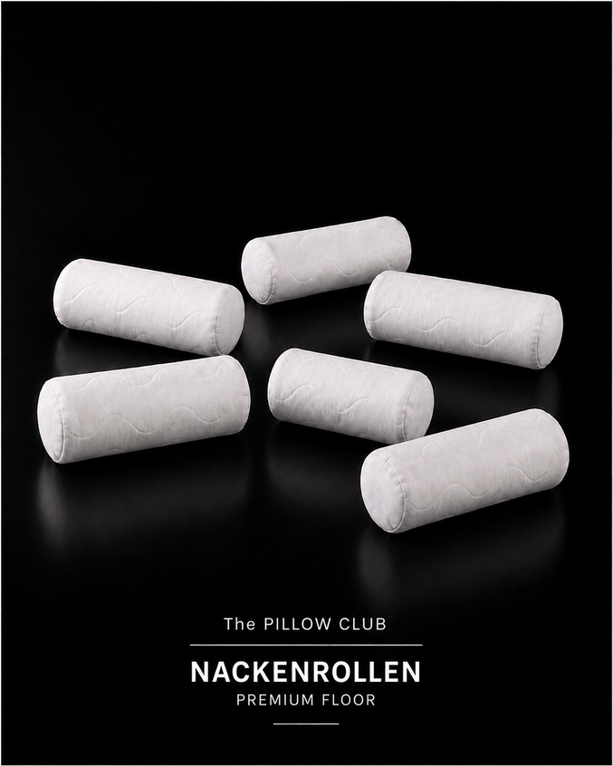 6er Set weiße Nackenrollen von The PILLOW CLUB PREMIUM FLOOR mit Wellensteppung in schwarzer Studioinszenierung