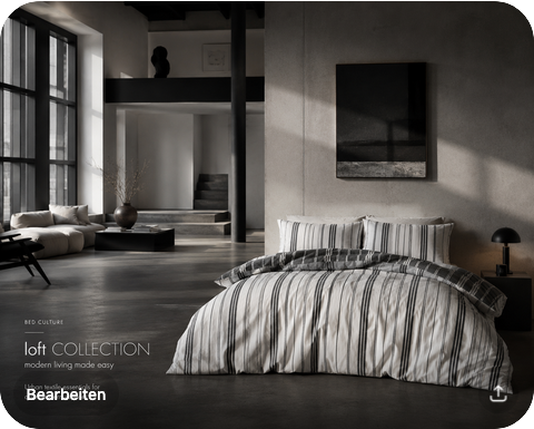 Gestreifte Wendebettwäsche in Light Grey, Anthrazit und Weiß in einem modernen Loft-Schlafzimmer aus der bedAFFAIRS URBAN STRIPES Collection
