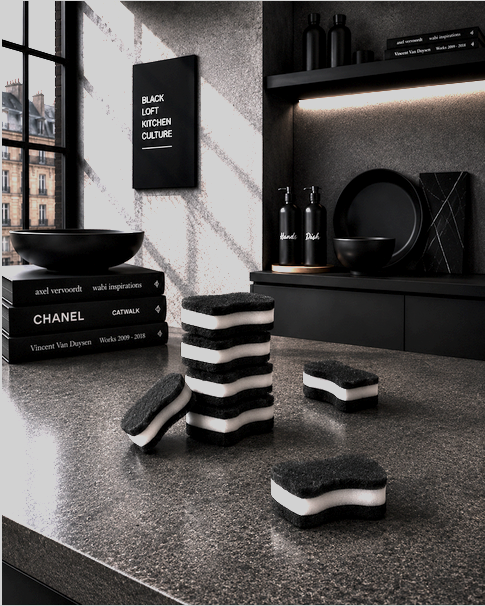 cleanART Reinigungsschwämme black & white mit ergonomischer Taille im 10er Set für moderne KITCHEN Affairs.