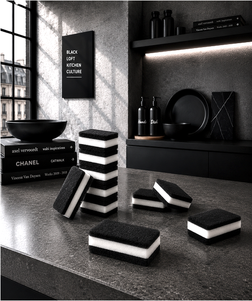 Rechteckige cleanART Reinigungsschwämme black & white im 10er Set für moderne KITCHEN Affairs.