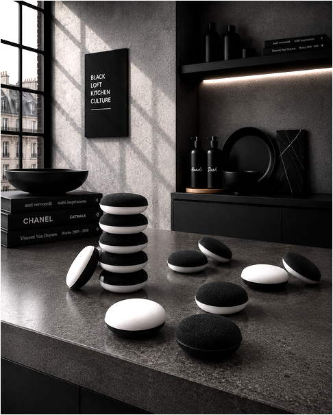 Runde cleanART Reinigungsschwämme black & white mit Aufhängevorrichtung für stilvolle KITCHEN Affairs.