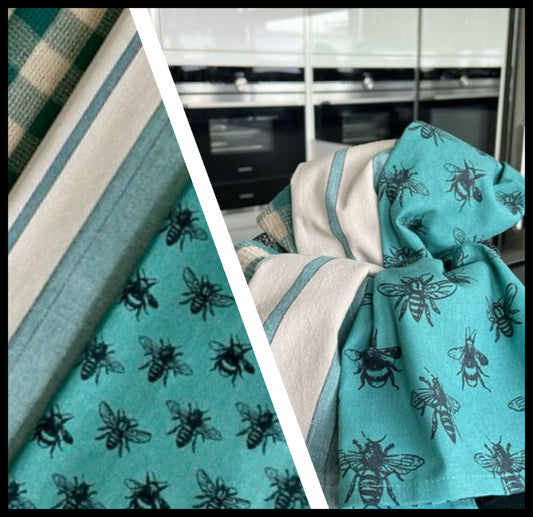 TEXTILE Code Geschirrtuch 3er Set – Türkis & Bienen