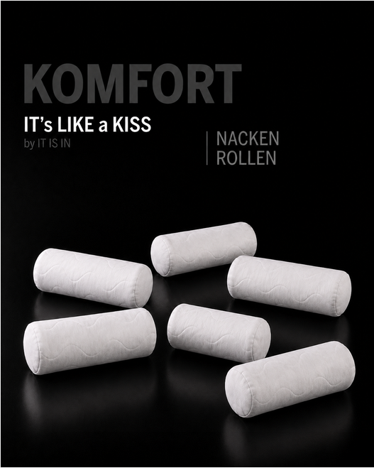 Sechs IT's Like a KISS ERGONOMIC PREMIUM Nackenrollen mit Wellensteppung auf schwarzem Hintergrund