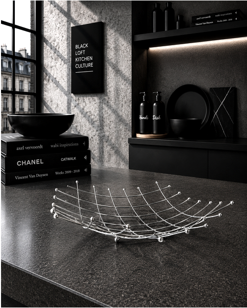 Verchromter Design Obstkorb aus Metall mit filigraner Drahtstruktur für stilvolle KITCHEN Affairs.