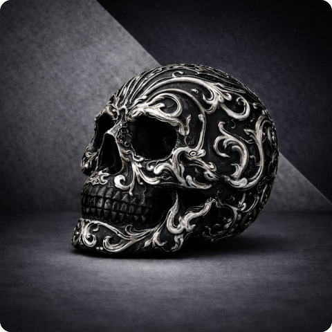Schwarzer skullART Totenkopf mit plastischen silberfarbenen Ornamenten in dunkler Inszenierung