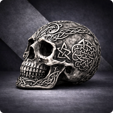 Dunkelgrauer skullART Totenkopf mit keltisch inspirierten Ornamenten von IT IS IN