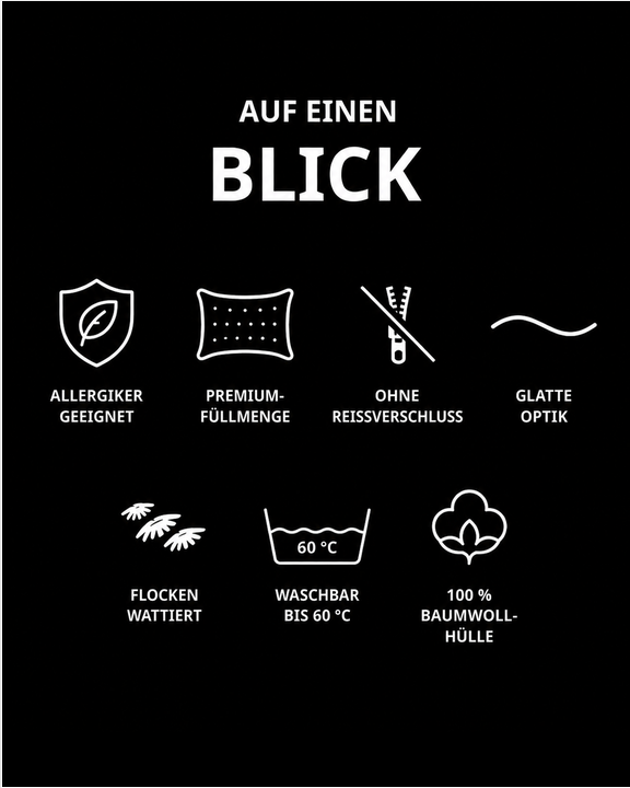Auf einen Blick: Produkteigenschaften des streetART NATURAL COTTON basicLINE Füllkissens mit Baumwoll-Hülle, Premium-Füllmenge und waschbar bis 60 Grad