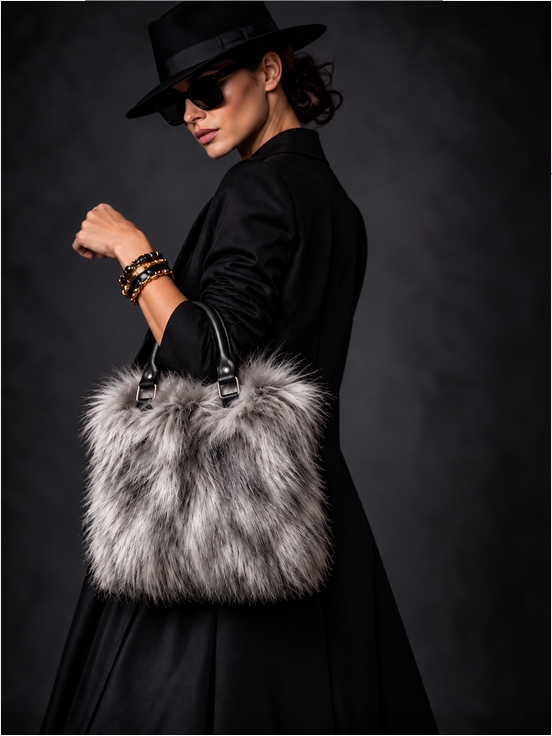wildFUR! Kunstfell Handtasche in Beton Grey mit langen grauen Kunstfellfransen und schwarzen Henkeln